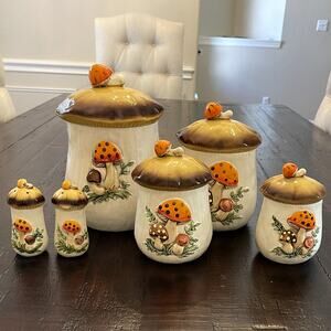 Vintage Sears Merry Mushroom Canister Set Japan 4 Pc w/ Salt Pepper Shakers